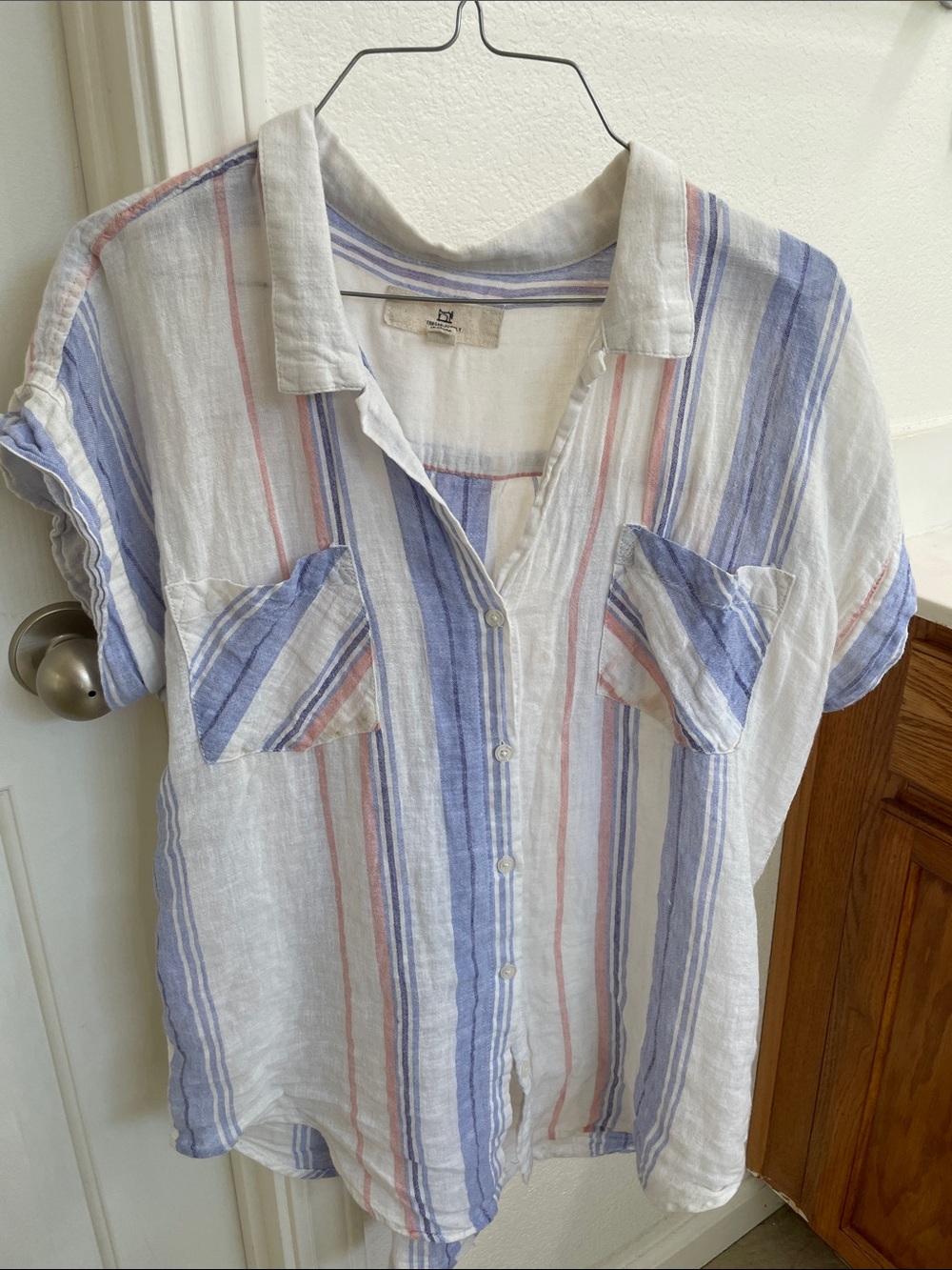 Natural Fiber Striped Button-Up Shirt